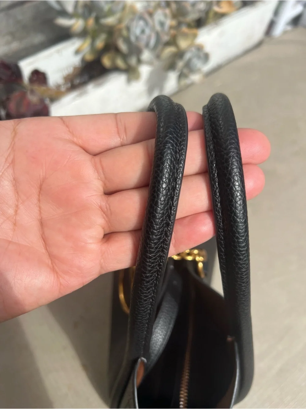 Black Pebbled Leather Tote with Gold Hardware